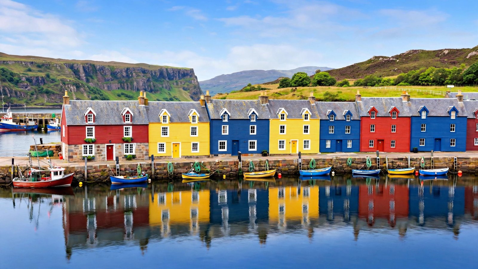 Colourful harbour cottages and fishing boats at Portree on the Isle of Skye