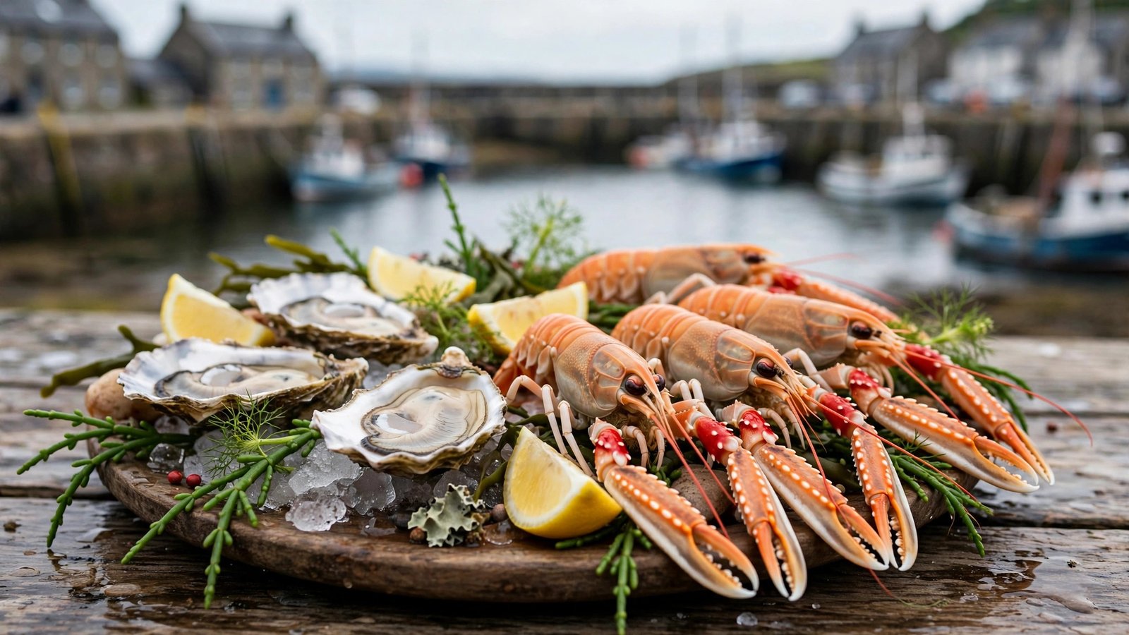 Fresh Skye langoustines and oysters served on crushed ice at a fishing harbour