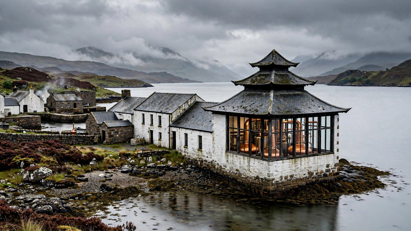 Copper whisky stills inside a traditional stone distillery on the shore of a sea loch on the Isle of Skye